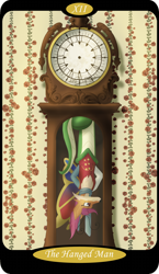 Size: 1500x2591 | Tagged: safe, artist:sixes&sevens, imported from derpibooru, part of a set, oc, oc:paradox, draconequus, arm behind back, butterfly wings, clothes, draconequus oc, grandfather clock, hanging, hanging upside down, major arcana, scarf, tarot card, the hanged man, upside down, wings