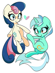 Size: 2163x2827 | Tagged: safe, artist:kindakismet, imported from derpibooru, bon bon, lyra heartstrings, sweetie drops, earth pony, pony, unicorn, adorabon, cute, female, heart, high res, lesbian, lyrabetes, lyrabon, mare, shipping, simple background, smiling, white background