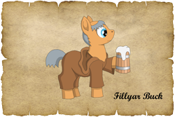 Size: 1500x1000 | Tagged: safe, alternate version, artist:malte279, imported from derpibooru, oc, oc:fillyar buck, earth pony, tails of equestria, friar tuck, mug, npc, parchment, robin hood