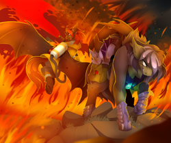 Size: 3215x2684 | Tagged: safe, artist:taiga-blackfield, imported from derpibooru, oc, bat pony, pony, bat pony oc, bat wings, fire, firefighter, medic, night guard, wings