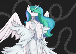 Size: 4093x2894 | Tagged: safe, artist:chickenbrony, artist:cottonaime, imported from derpibooru, princess celestia, alicorn, anthro, absolute cleavage, belly button, breasts, cleavage, clothes, cosplay, costume, dress, female, horn, kill la kill, looking at you, navel cutout, ragyo kiryuin, solo, wings