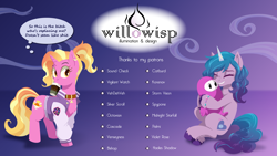 Size: 1920x1080 | Tagged: safe, artist:willoillo, imported from derpibooru, izzy moonbow, luster dawn, oc, pony, unicorn, chest fluff, collar, ear piercing, g5, horn, patreon, piercing, unicorn oc, vulgar