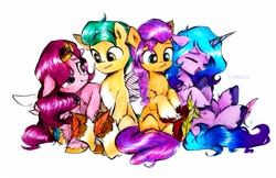 Size: 3481x2249 | Tagged: safe, artist:liaaqila, imported from derpibooru, hitch trailblazer, izzy moonbow, pipp petals, sunny starscout, earth pony, pegasus, pony, unicorn, adorapipp, coat markings, commission, cute, eyes closed, feather, female, fetish, g5, group, hoof fetish, izzybetes, laughing, looking at each other, male, mare, markings, open mouth, pale belly, pipp, raised hoof, raised leg, simple background, sitting, socks (coat markings), stallion, sunnybetes, tickle fetish, tickle torture, tickling, traditional art, underhoof, unshorn fetlocks, white background