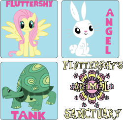 Size: 569x558 | Tagged: safe, imported from derpibooru, angel bunny, fluttershy, tank, butterfly, fluttershy leans in, animal, colored, digitally colored, flower, logo, sweet feather sanctuary, zoo