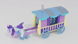Size: 1280x720 | Tagged: safe, artist:awesomeaustinv, imported from derpibooru, starlight glimmer, trixie, pony, unicorn, road to friendship, 3d, clothes, duo, duo female, female, hat, lego, mare, simple background, trixie's hat, trixie's wagon, wagon, white background