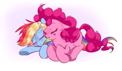 Size: 1319x769 | Tagged: source needed, safe, artist:pinkablue, imported from derpibooru, pinkie pie, rainbow dash, earth pony, pegasus, pony, eyes closed, female, lesbian, mare, pinkiedash, shipping, simple background, sleeping, white background