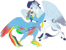 Size: 3700x2815 | Tagged: safe, artist:dragonpinkiepie, imported from derpibooru, rainbow dash, soarin', alternate design, colored wings, female, male, shipping, simple background, soarindash, straight, transparent background, wings