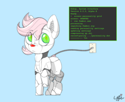 Size: 1100x900 | Tagged: safe, artist:lyrabop, imported from derpibooru, oc, oc only, oc:robop, earth pony, pony, robot, robot pony, cable, red nose, solo, text