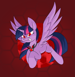 Size: 2431x2491 | Tagged: safe, artist:moonatik, imported from derpibooru, twilight sparkle, alicorn, pony, abstract background, alicorn amulet, corrupted, corrupted twilight sparkle, evil, evil grin, fallen hero, flying, grin, implied princewhateverer, raised hoof, red eyes, smiling, solo, spread wings, traitor sparkle, twilight sparkle (alicorn), tyrant sparkle, wings