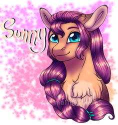 Size: 779x825 | Tagged: safe, artist:malinraf1615, imported from derpibooru, sunny starscout, earth pony, pony, braid, bust, chest fluff, female, g5, looking at you, portrait, smiling, solo, text