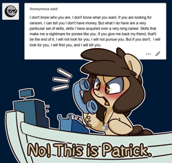 Size: 1625x1547 | Tagged: safe, artist:lou, imported from derpibooru, oc, oc only, oc:louvely, pony, ask, boat, meme, patrick star, phone, solo, spongebob squarepants, telephone, tumblr
