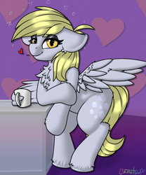 Size: 1034x1240 | Tagged: safe, artist:llametsul, imported from derpibooru, derpy hooves, pegasus, pony, chest fluff, cute, cutie mark, derpabetes, drunk, drunk bubbles, eyeshadow, female, floppy ears, heart, looking at you, makeup, mare, mug, simple background, solo, wing fluff, wing hands, wing hold, wings