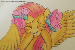 Size: 1512x1019 | Tagged: safe, artist:tiger-of-my-eye, imported from derpibooru, discord, fluttershy, butterfly, pegasus, semi-anthro, blushing, bust, discoshy, eyes closed, female, gritted teeth, kissing, male, mare, shipping, smiling, spread wings, straight, traditional art, wings