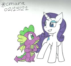 Size: 976x898 | Tagged: safe, artist:cmara, imported from derpibooru, rarity, spike, dragon, pony, unicorn, bedroom eyes, eyeshadow, female, grin, makeup, male, shipping, simple background, smiling, sparity, straight, traditional art, white background, winged spike, wings