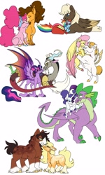 Size: 2297x3831 | Tagged: safe, artist:dodiejinx, imported from derpibooru, applejack, bulk biceps, cheese sandwich, discord, dumbbell, fluttershy, pinkie pie, rainbow dash, rarity, spike, trouble shoes, twilight sparkle, alicorn, draconequus, dragon, earth pony, pegasus, pony, unicorn, adult, adult spike, cheesepie, discolight, dumbdash, female, flutterbulk, male, mane seven, mane six, mare, missing cutie mark, older, older spike, shipping, simple background, sparity, stallion, straight, troublejack, twilight sparkle (alicorn), unshorn fetlocks, white background, winged spike, wings