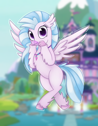 Size: 2500x3200 | Tagged: safe, artist:rivin177, imported from derpibooru, silverstream, classical hippogriff, hippogriff, school daze, cute, diastreamies, female, flying, jewelry, necklace, pond, school of friendship, signature, solo, student six, wings, young 6