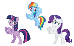 Size: 1265x780 | Tagged: safe, artist:benpictures1, imported from derpibooru, rainbow dash, rarity, twilight sparkle, pegasus, pony, unicorn, dragon quest, bipedal, female, fighting stance, flying, implied spike, inkscape, simple background, trio, trio female, unicorn twilight, vector, white background
