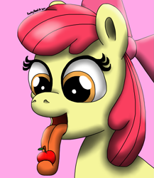 Size: 1333x1536 | Tagged: safe, artist:darkyboode32, derpibooru exclusive, imported from derpibooru, apple bloom, earth pony, pony, apple, apple bloom's bow, bow, female, filly, food, hair bow, herbivore, long tongue, open mouth, simple background, solo, tongue out, traditional art