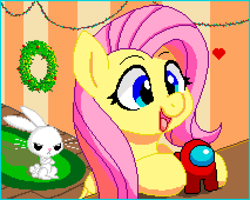 Size: 2130x1700 | Tagged: safe, artist:handgunboi, edit, imported from derpibooru, angel bunny, fluttershy, pegasus, pony, rabbit, among us, animal, crewmate, cute, female, happy, mare, open mouth, pixel art, shyabetes, simple background, solo, white background
