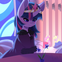 Size: 4000x4000 | Tagged: safe, artist:timkaa, artist:yuozka, imported from derpibooru, twilight sparkle, pony, fanfic:crossing the trixie bridge, absurd resolution, bed, big crown thingy, canterlot castle, clothes, crown, element of magic, female, flower, jewelry, looking down, mare, regalia, solo