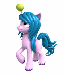 Size: 3000x3500 | Tagged: safe, artist:argos90, imported from derpibooru, izzy moonbow, pony, unicorn, 3d, ball, female, g5, horn, horn guard, horn impalement, hornball, izzy's tennis ball, simple background, solo, tennis ball, white background