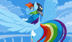 Size: 3924x2280 | Tagged: safe, artist:ailoy4, imported from derpibooru, rainbow dash, pegasus, pony, cap, cloud, female, hat, looking up, mare, rear view, sky, solo, spread wings, sunglasses, wings, wonderbolts logo