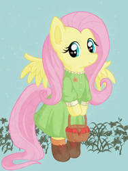 Size: 1200x1600 | Tagged: safe, artist:podiponi, imported from derpibooru, fluttershy, pegasus, pony, basket, bipedal, boots, clothes, cute, daaaaaaaaaaaw, dress, female, heart eyes, hoof hold, looking at you, mare, plants, shoes, shyabetes, smiling, solo, spread wings, three quarter view, wingding eyes, wings