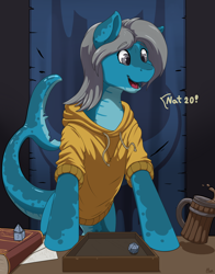 Size: 2008x2555 | Tagged: safe, artist:ailoy4, imported from derpibooru, oc, oc only, oc:seafoam, original species, pony, shark, shark pony, banner, book, clothes, dungeons and dragons, female, happy, hoodie, mare, pen and paper rpg, reverse trap, rpg, solo