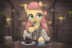 Size: 1800x1200 | Tagged: safe, artist:yanamosuda, imported from derpibooru, fluttershy, pegasus, pony, blushing, bow, cake, clothes, cup, cute, dessert, ear piercing, earring, eating, female, food, fork, front view, full face view, hair bow, herbivore, hoof hold, indoors, jewelry, looking at you, piercing, shyabetes, smiling, solo, table