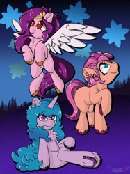 Size: 1662x2220 | Tagged: safe, artist:llametsul, imported from derpibooru, izzy moonbow, pipp petals, sunny starscout, earth pony, pegasus, pony, unicorn, ear fluff, female, flying, g5, looking at you, looking up, mare, one hoof raised, pipp, raised hoof, sitting, smiling, trio, underhoof, unshorn fetlocks, wings