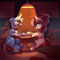 Size: 3000x3000 | Tagged: safe, artist:cornelia_nelson, imported from derpibooru, oc, oc:ebony rain, oc:frost wing, butterfly, alcohol, cute, dinner, glass, jewelry, looking at each other, pendant, restaurant, romantic, wine, wine glass