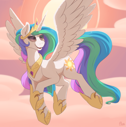 Size: 2485x2500 | Tagged: safe, artist:ailoy4, imported from derpibooru, princess celestia, alicorn, pony, cloud, ear fluff, eyebrows, eyebrows visible through hair, female, flying, high res, hoof shoes, jewelry, mare, open mouth, open smile, peytral, regalia, smiling, solo, spread wings, sun, sunglasses, wings