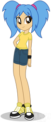 Size: 576x1356 | Tagged: safe, artist:amgiwolf, imported from derpibooru, oc, oc only, oc:alexis vela, equestria girls, clothes, denim shorts, female, hand on hip, happy, pigtails, shirt, shoes, shorts, simple background, smiling, sneakers, solo, t-shirt, transparent background, twintails