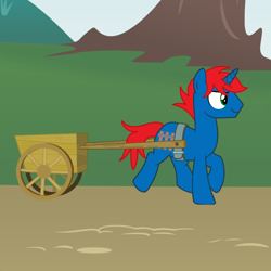 Size: 900x900 | Tagged: safe, artist:ry-bluepony1, imported from derpibooru, oc, oc:train track, pony, unicorn, background, base used, cart, horn, male, pathway, show accurate, stallion, tree, unicorn oc, walking