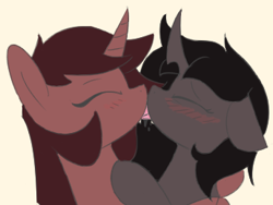 Size: 345x259 | Tagged: safe, artist:aripegio del mandolino, imported from ponybooru, oc, oc only, oc:aripegio del mandolino, pony, unicorn, curved horn, ear down, female, females only, french kiss, horn, kissing, mare, picture for breezies, simple background, tongue out, white background