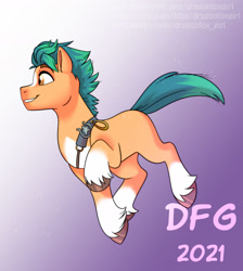 Size: 1920x2141 | Tagged: safe, artist:dragonfoxgirl, imported from derpibooru, hitch trailblazer, earth pony, pony, g5, gradient background, grin, male, open mouth, smiling, solo, stallion, teeth, text, unshorn fetlocks