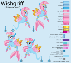 Size: 13621x12049 | Tagged: safe, artist:ethanjacobsyrosca, imported from derpibooru, oc, oc only, oc:wishgriff, genie, seapony (g4), absurd resolution, blue background, bottle, bracelet, circlet, clothes, gold, jewelry, leggings, looking at you, not silverstream, redesign, reference sheet, simple background, smiling, solo vector, wing jewelry