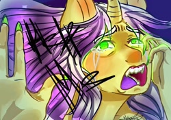 Size: 1080x756 | Tagged: safe, artist:beyond_inside, imported from derpibooru, oc, oc only, anthro, unicorn, bust, crying, horn, nail polish, open mouth, signature, unicorn oc