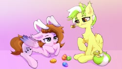 Size: 1876x1055 | Tagged: safe, artist:astralblues, imported from derpibooru, oc, oc only, pegasus, pony, brush, bunny ears, chest fluff, cute, ear fluff, easter, easter egg, female, freckles, holiday, hoof fluff, leg fluff, looking at each other, lying down, male, mare, mouth hold, paintbrush, sitting, stallion, tongue out