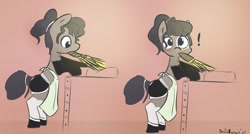 Size: 1429x766 | Tagged: safe, artist:davierocket, imported from derpibooru, oc, oc only, oc:longfolia, earth pony, pony, apron, blushing, booties, booty shorts, clothes, crossdressing, duster, exclamation point, hair bun, looking at you, maid, male, messy bun, mouth hold, signature, socks, solo, sweat, sweatdrops, tied tail