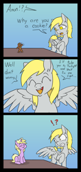 Size: 1000x2121 | Tagged: safe, artist:happy harvey, imported from derpibooru, derpy hooves, dinky hooves, gingerbread, oc, oc:anon, pegasus, pony, unicorn, accidental vore, colored pupils, comic, content, cookie, crumbs, dialogue, drawn on phone, ear fluff, eating, exclamation point, eyes closed, female, filly, filly pred, filly predator, food, food transformation, full mouth, gingerbread (food), gingerbread man, implied transformation, interrobang, mare, micro, phone drawing, question mark, shocked, sitting, smiling, spread wings, standing, table, vore, wings