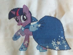 Size: 745x559 | Tagged: safe, imported from derpibooru, twilight sparkle, pony, unicorn, clothes, dress, embroidery, female, gala dress, looking at you, mare, photo, raised hoof, smiling, solo, unicorn twilight