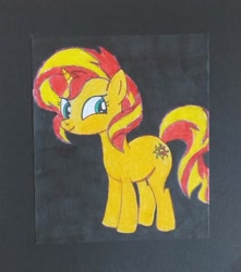 Size: 495x559 | Tagged: safe, imported from derpibooru, sunset shimmer, pony, unicorn, black background, female, looking at you, mare, simple background, smiling, solo, traditional art