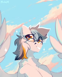 Size: 1200x1500 | Tagged: safe, artist:mirtash, imported from derpibooru, oc, oc only, oc:kej, pegasus, pony, cloud, glasses, looking at you, male, sky, solo, spread wings, wings