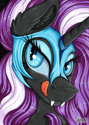 Size: 3446x4874 | Tagged: safe, artist:julunis14, imported from derpibooru, nightmare rarity, pony, unicorn, armor, bedroom eyes, bust, ear fluff, fangs, helmet, licking, markers, portrait, signature, solo, tongue out, traditional art