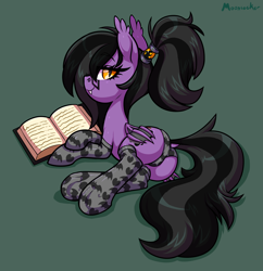 Size: 2400x2480 | Tagged: safe, artist:moonseeker, imported from derpibooru, oc, oc only, oc:midnight oil, bat pony, pony, bat pony oc, bat wings, book, clothes, eyelashes, fangs, female, glasses, hairclip, looking at you, lying down, mare, nerd, panties, simple background, socks, solo, underwear, wings