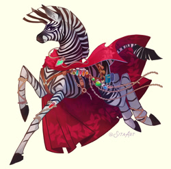 Size: 1500x1480 | Tagged: safe, artist:sitaart, imported from derpibooru, oc, oc only, pony, zebra, action pose, cape, clothes, harness, jumping, looking at you, potion, solo, tack, zebra oc