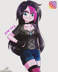 Size: 822x1020 | Tagged: safe, artist:the-butch-x, imported from derpibooru, oc, oc only, oc:zoe star pink, equestria girls, blue eyes, clothes, collar, confident, denim shorts, female, fingerless gloves, gift art, gloves, goth, hand on hip, instagram, jewelry, long hair, looking at you, necklace, shorts, smiling, smiling at you, solo