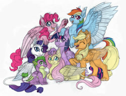 Size: 1024x783 | Tagged: safe, artist:celticsphinx, imported from derpibooru, applejack, fluttershy, pinkie pie, rainbow dash, rarity, spike, twilight sparkle, alicorn, dragon, sphinx, colored sketch, deviantart watermark, female, male, mane seven, mane six, mane six opening poses, obtrusive watermark, one eye closed, simple background, species swap, sphinxified, twilight sparkle (alicorn), watermark, white background, winged spike, wings, wink