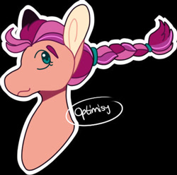 Size: 400x397 | Tagged: safe, artist:optimisy, imported from derpibooru, sunny starscout, earth pony, pony, black background, braid, bust, female, g5, mare, portrait, signature, simple background, solo